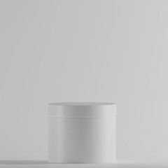  A simple, white cylindrical container stands against a plain white background. This minimalist mockup is ideal for showcasing product designs and branding. Its clean aesthetic allows the focus 
