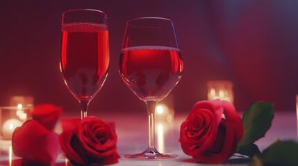 Romantic Dinner Setting with Red Wine and Roses.