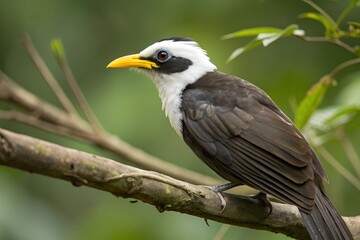 Naklejka premium A bird with a striking white patch on its head and a vivid yellow bill, often found in wetland or forested areas. It stands out with its bold contrast and vibrant features.