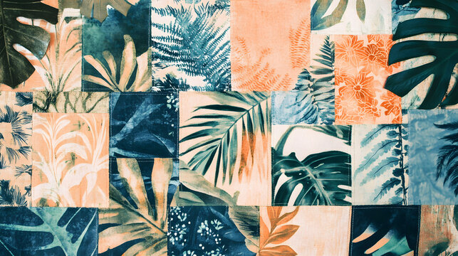 A vintage-inspired tropical patchwork with faded palm prints floral motifs and retro-style geometric patterns.