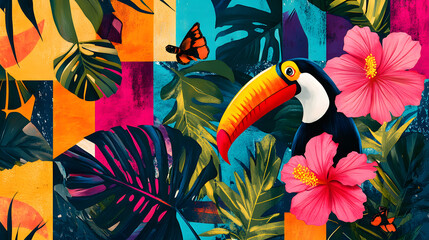 A vivid tropical patchwork featuring layered monstera leaves hibiscus flowers and toucan silhouettes framed by bold geometric shapes.