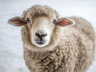 Portrait of a fluffy sheep with a gentle expression in a soft, snowy background