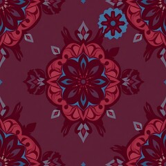 Obraz premium Intricate Floral Mandala Pattern: A mesmerizing seamless pattern featuring a vibrant mandala design in shades of burgundy, pink, blue, and gray.