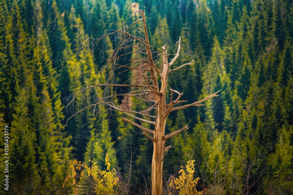 Poster a dead tree stands stark against a backdrop of lush evergreen forest, a testament to nature's cycle.