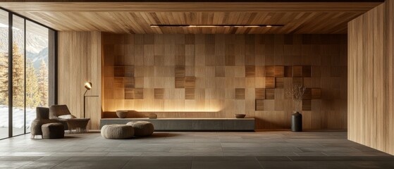 wood paneled walls with a natural wood finish. Wallcovering of wooden, tiled, and square blocks