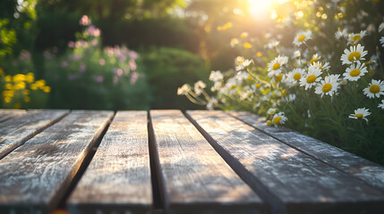 Fototapeta premium A weathered teak outdoor table surrounded by wildflowers captured in natural morning light.
