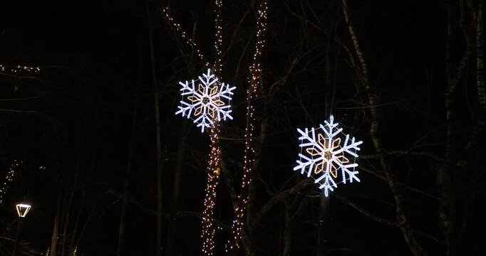 Holiday season, night city. Large snowflakes made of lamps glow on a tree with a beautifully illuminated trunk with garlands. The camera is rotating, hand held. Siberia.