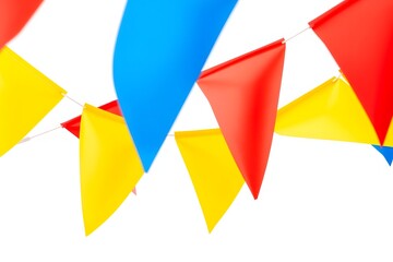 Colorful triangular flags in red, blue, and yellow, often used for celebrations or events.
