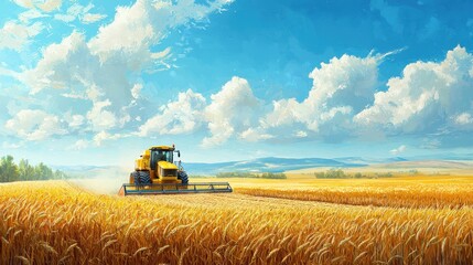 Obraz premium Yellow tractor harvesting wheat in a golden field under a vibrant blue sky, highlighting modern agriculture and productivity