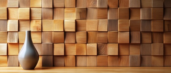 wood paneled walls with a natural wood finish. Wallcovering of wooden, tiled, and square blocks