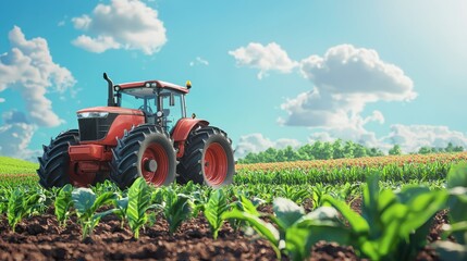 Fototapeta premium Red tractor in a vibrant green field under a bright blue sky, symbolizing modern farming and sustainable agriculture