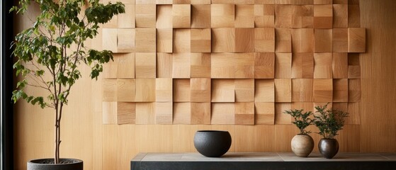 wood paneled walls with a natural wood finish. Wallcovering of wooden, tiled, and square blocks