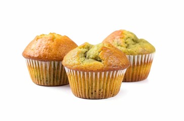 Muffins isolated on a white background, a studio shot of two delicious muffins with golden tops and glaze muffin isolated on white background