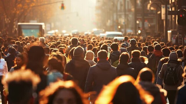 Busy city street filled with pedestrians during late afternoon sunlight in an urban environment