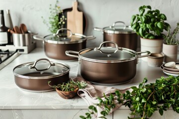 Elegant Mocha and Cream Cookware Set with Fresh Herbs for Stylish Kitchen Decor