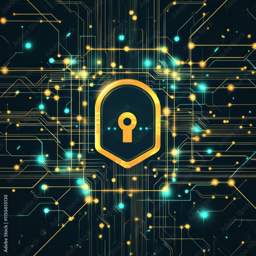 Poster digital security shield with glowing circuits and bright particles representing advanced technology 