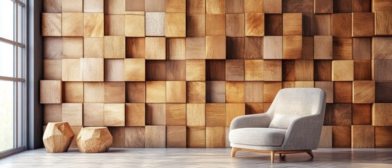 wood paneled walls with a natural wood finish. Wallcovering of wooden, tiled, and square blocks