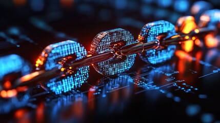 Abstract digital chain links with glowing binary code.