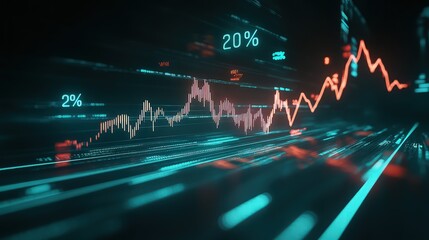 An abstract financial graph with sharp, glowing lines in teal and red that rise and dip dramatically across a dark background.