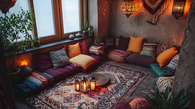 A bohemian-style chill-out corner with colorful rugs low seating and lanterns casting soft light in a cozy nook.