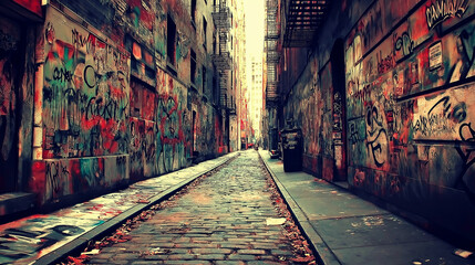 Naklejka premium Urban Grit – Graffiti-Covered Alley with Cracked Walls and Layers of History