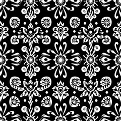 Fototapeta premium Monochromatic Floral Damask Pattern: Elegant black and white seamless pattern. Perfect for textile design, wallpaper, or any project requiring a sophisticated, timeless aesthetic.