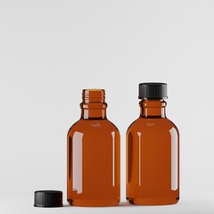 Two amber glass medicine bottles are set against a plain white background. One bottle is open, its black cap resting beside it, while the other remains closed. 