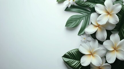 Fototapeta premium Delicate white floral arrangement with textured leaves on a neutral background