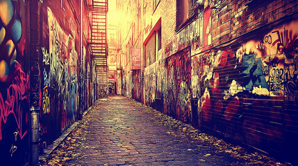 Fototapeta premium Urban Grit – Graffiti-Covered Alley with Cracked Walls and Layers of History