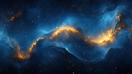 Obraz premium Texture painting of a galaxy swirl with marble background. Creative splash with glitter and stars. Graphic art for canvas wallpaper. Illustration design in blue with gold ripple, like outer space