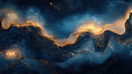 Texture painting of a galaxy swirl with marble background. Creative splash with glitter and stars. Graphic art for canvas wallpaper. Illustration design in blue with gold ripple, like outer space