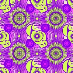 Vibrant Floral Textile Design: Lime Green and Purple Mandala Pattern 