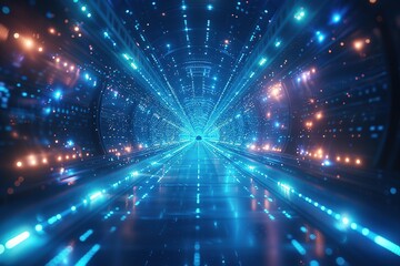 Fototapeta premium Abstract blue futuristic background, data center, data transfer, rays and lines, blue neon. Reflection of light in space. Dark futuristic empty scene.