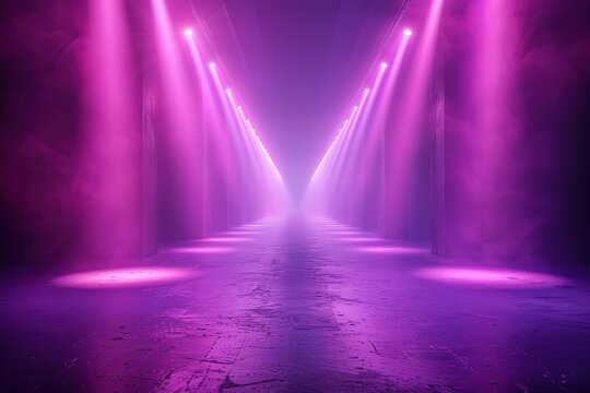 Ultraviolet abstract light. Light tunnel and laser lines. Violet and pink gradient. Modern background, neon light. Empty stage, spotlights, neon. Abstract light