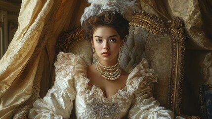 Obraz premium noblewoman in Rococo fashion, seated on a gilded chair with a backdrop of draped silk curtains, 16:9