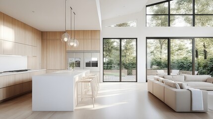 Light-filled modern kitchen with light wood cabinets, a white island, and large windows looking out to trees.