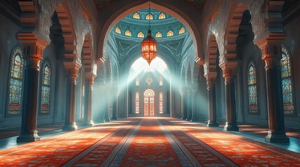 Obraz premium The interior of an Islamic mosque symbolizes religion, cultural heritage, and the architectural grandeur of religious spaces