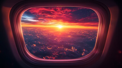 Fototapeta premium Airplane window view of a vibrant sunset over a sea of clouds. (1)