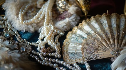 A highly detailed close-up of Rococo accessories, including pearl necklaces, feathered fans, embroidered gloves, and jeweled brooches, 16:9