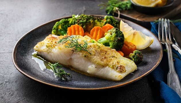Generated image Norwegian baked cod (bakskuld) with a lemon and herb crust, served with vegetables