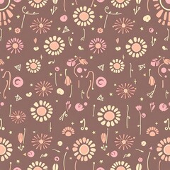 Fototapeta premium Bohemian Floral Pattern: A whimsical and charming seamless pattern featuring hand-drawn flowers, stars, and geometric shapes in a soft color palette.