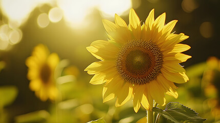 A bright yellow sunflower in full bloom its intricate center spiraling with seeds under golden sunlight.