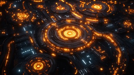 Abstract futuristic circuit board with glowing orange circles.