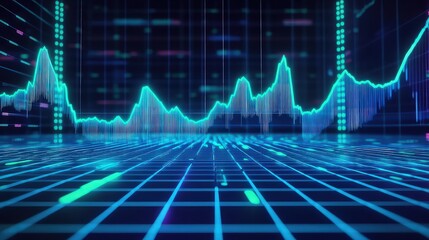 Bold, angular lines in bright green and blue move across a dark, digital grid in this abstract stock market graph. 
