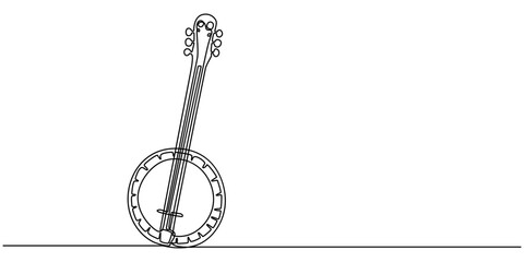 Naklejka premium continuous line drawing banjo music instrument vector illustration minimalist design, American banjo, string guitar one line continuous drawing. Musical instruments continuous one line illustration.