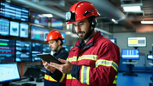 Rescue personnel reviewing emergency protocols on handheld tablets while standing in a bustling operations center with large digital displays