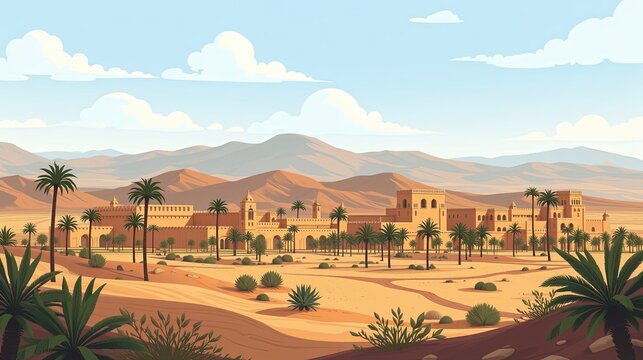Biskra Algeria Travel Poster Flat Illustration Print Decor Gift Canvas Wall Art Gift