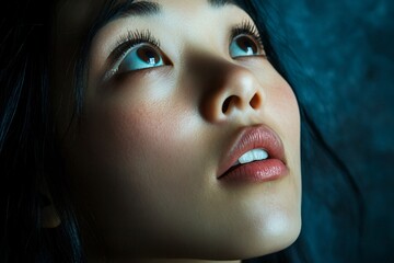Close up of an asian woman's face expressing awe and wonder, creating a captivating portrait of amazement