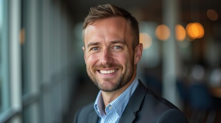Professional businessman in modern office setting with blurred background and natural light: ideal for corporate and business-related content.