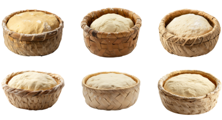 Collection of various A bakers proofing basket with dough inside rising isolated on white transparent background PNG set
